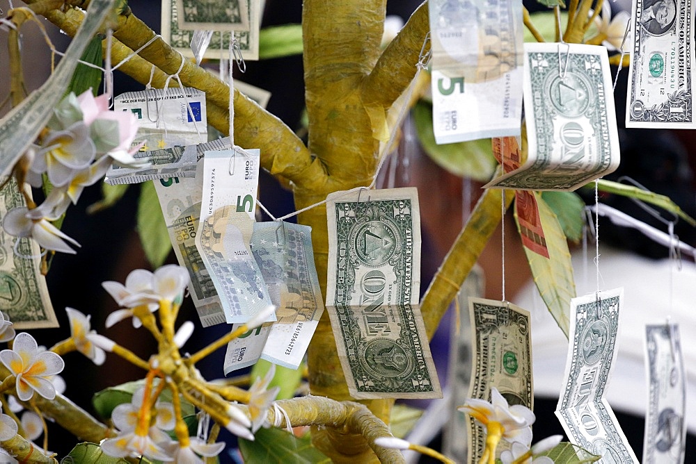 Buddhist money tree to make merit and donate to local temple, Wat Velouvanaram, Bussy Saint Georges, Seine et Marne, France, Europe