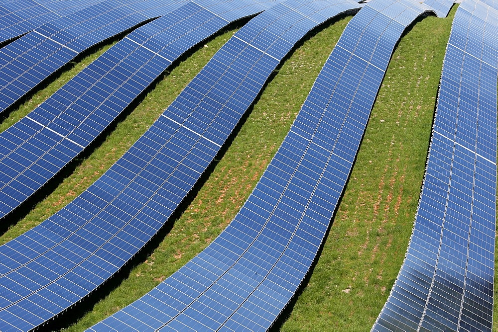 Solar farm, detail of photovoltaic power plant, Alpes-de-Haute-Provence, France, Europe