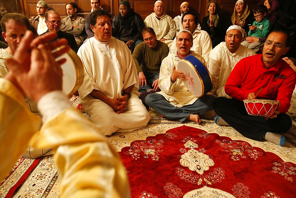 Alawi Sufi Muslims singing and playing drums, Nandy, Seine-et-Marne, France, Europe