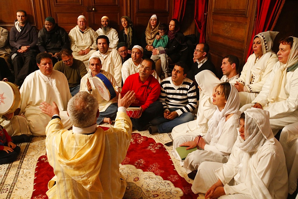 Alawi Sufi Muslims singing and playing drums, Nandy, Seine-et-Marne, France, Europe