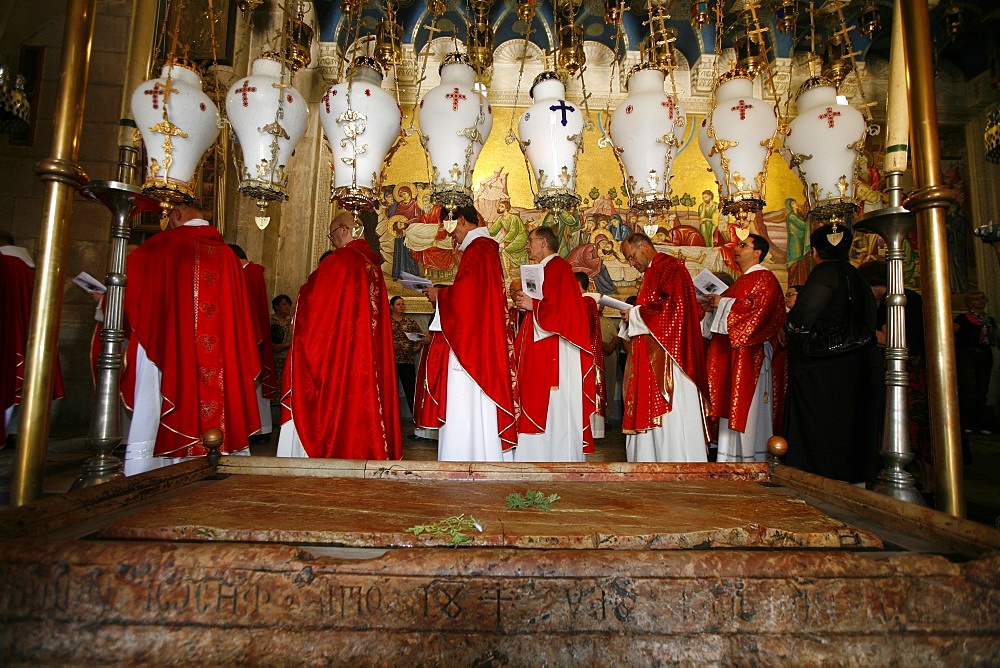 Catholic procession at the Stone of the Anointing, Church of the Holy Sepulchre, Jerusalem, Israel, Middle East