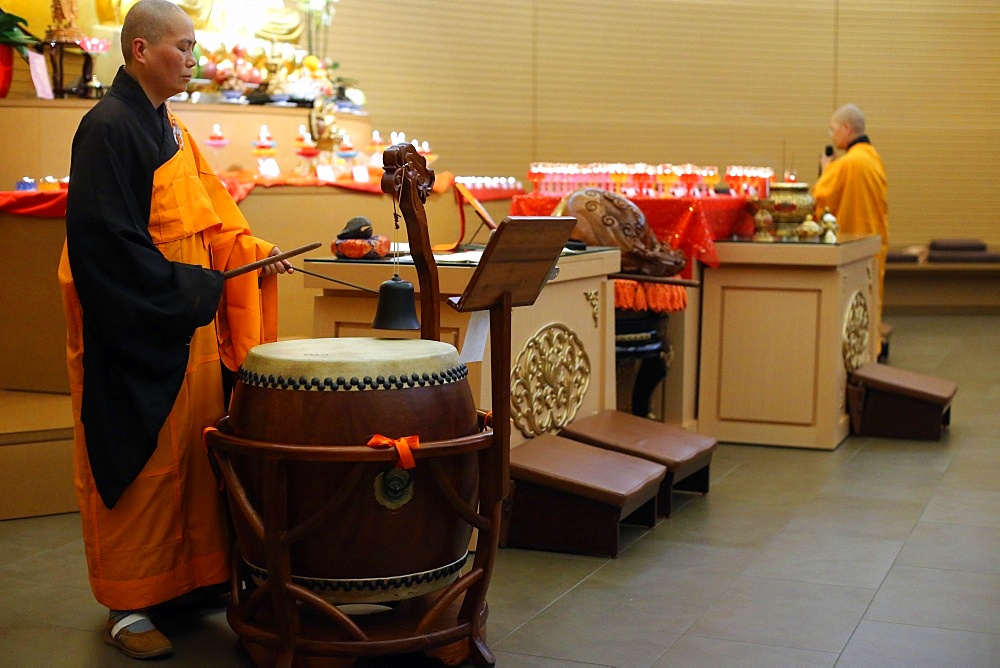 Drum and bell, Buddhist ceremony, Fo Guang Shan temple, Geneva, Switzerland, Europe