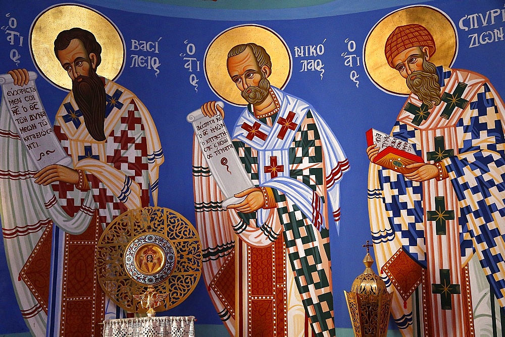 Liturgical object and fresco in the sanctuary of Pedoulas Orthodox church, Pedoulas, Cyprus, Europe