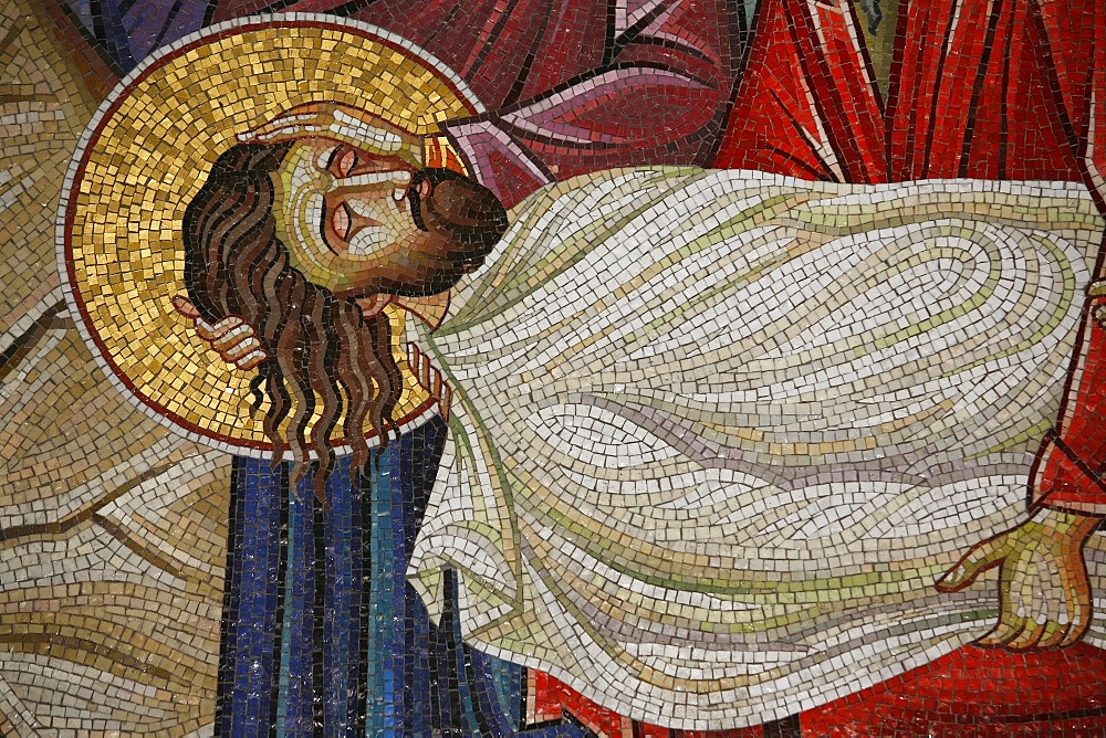 Mosaic of Christ's death at the Church of the Holy Sepulchre, Jerusalem, Israel, Middle East