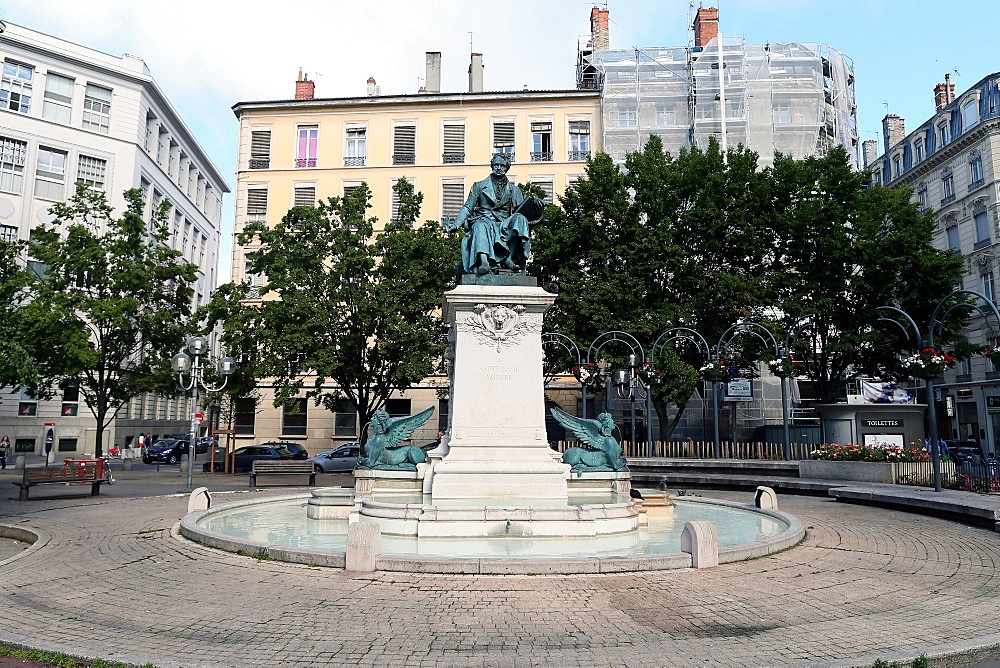 A statue made by Charles Textor portraying Andre-Marie Ampere erected in the center of the square, Lyon, Rhone Valley, France, Europe