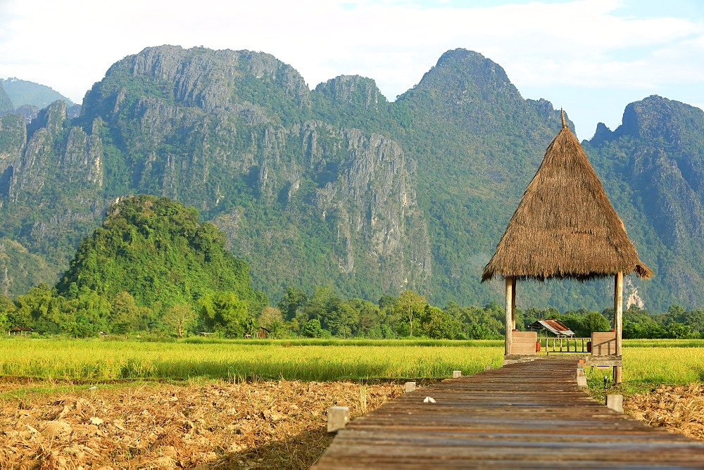 Rice fields with stunning mountain backdrop, Laos, Indochina, Southeast Asia, Asia