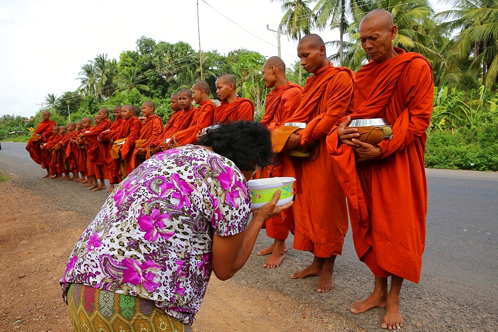 Buddhist monks on morning alms round in Western Cambodia, Indochina, Southeast Asia, Asia