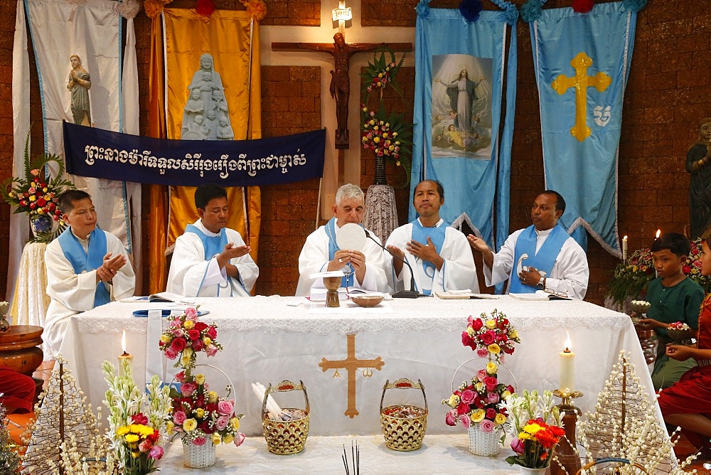 Assumption celebration in Battambang Catholic Church, Battambang, Cambodia, Indochina, Southeast Asia, Asia