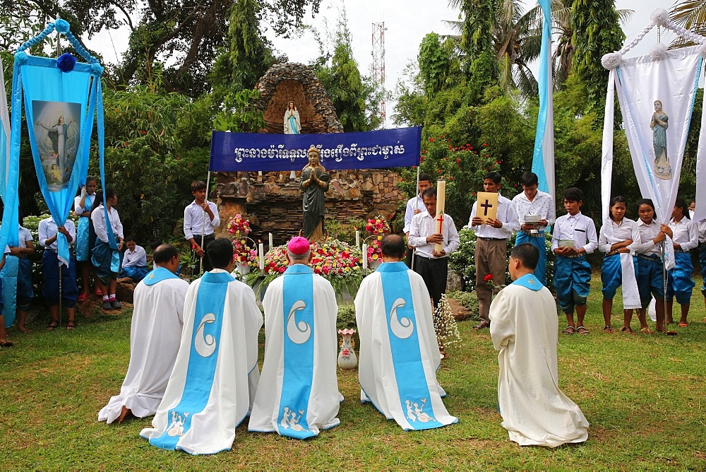 Assumption celebration outside Battambang Catholic church, Battambang, Cambodia, Indochina, Southeast Asia, Asia