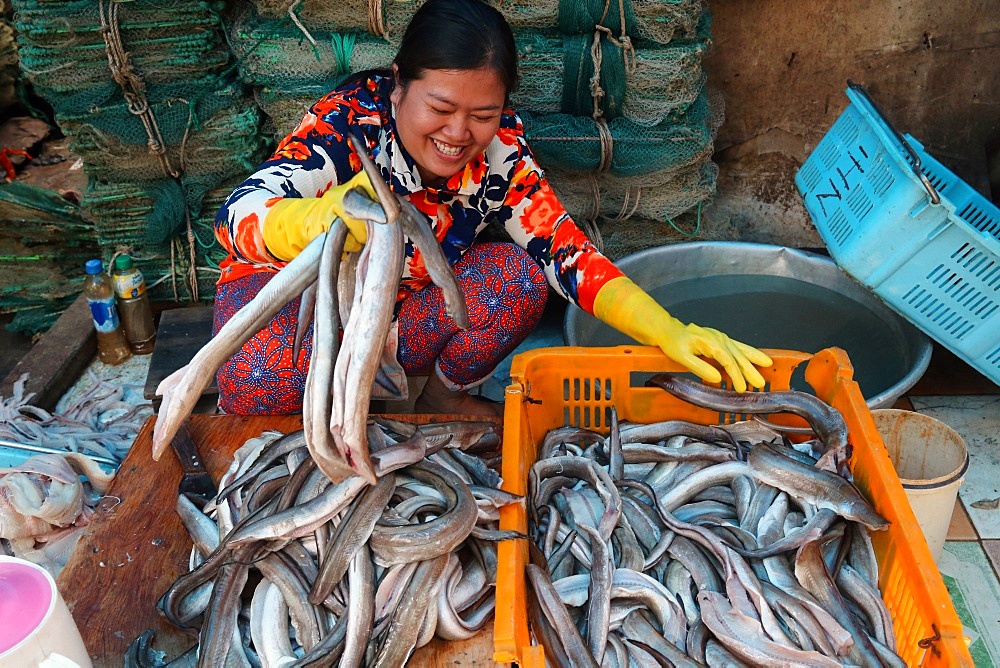 Woman sorting through fresh catch of fish, Vung Tau fish market, Vietnam, Indochina, Southeast Asia, Asia