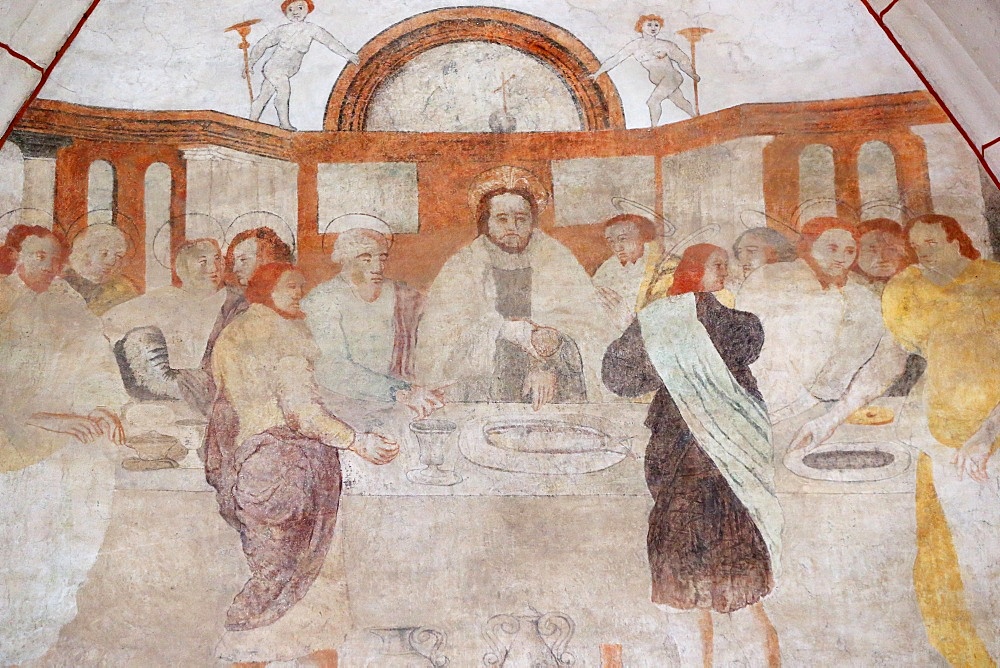 A 16th century wall painting of Christ in his Passion, the Last Supper shared by Jesus and his disciples, Vault de Lugny Church, Yonne, France, Europe