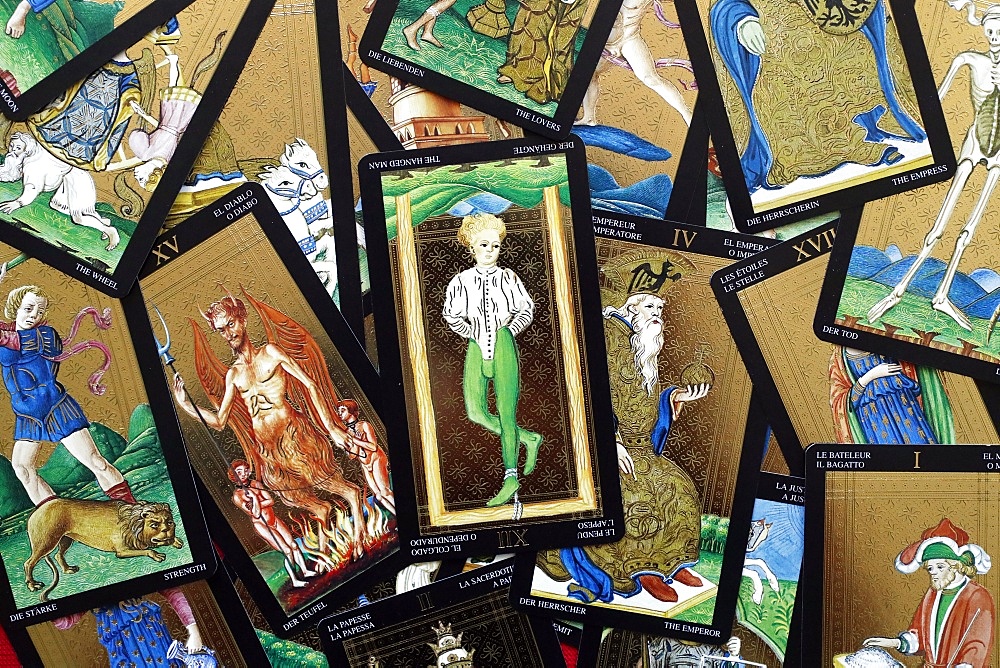 The devil and the hanged man, tarot cards, Haute-Savoie, France, Europe