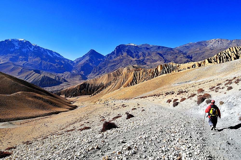 Trekker in Mustang, Nepal, Himalayas, Asia