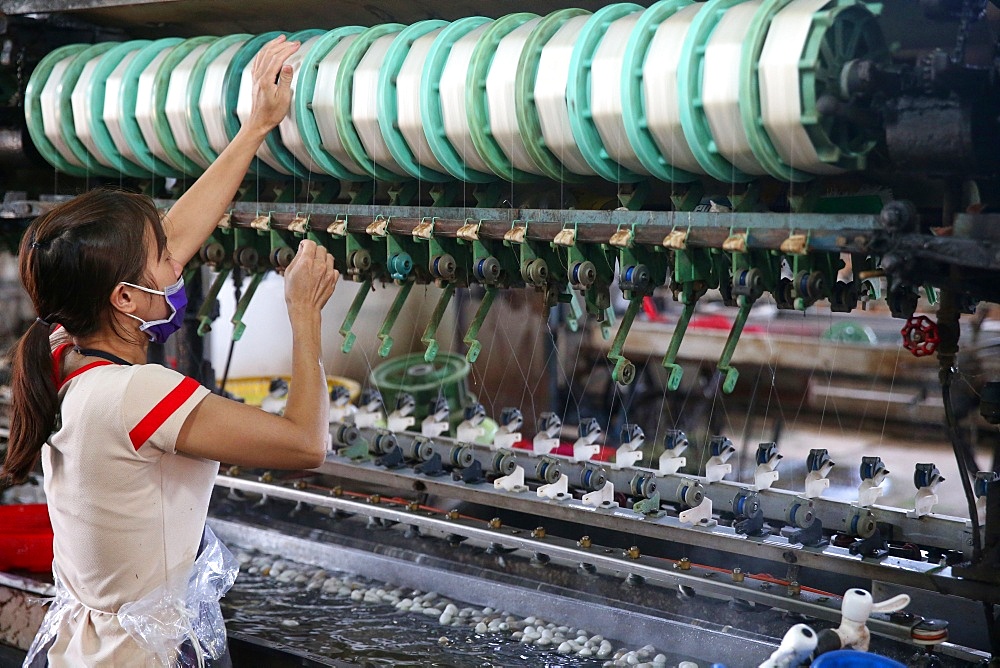 Woman working on silk spinning machine in traditional silk factory, Dalat, Vietnam, Indochina, Southeast Asia, Asia