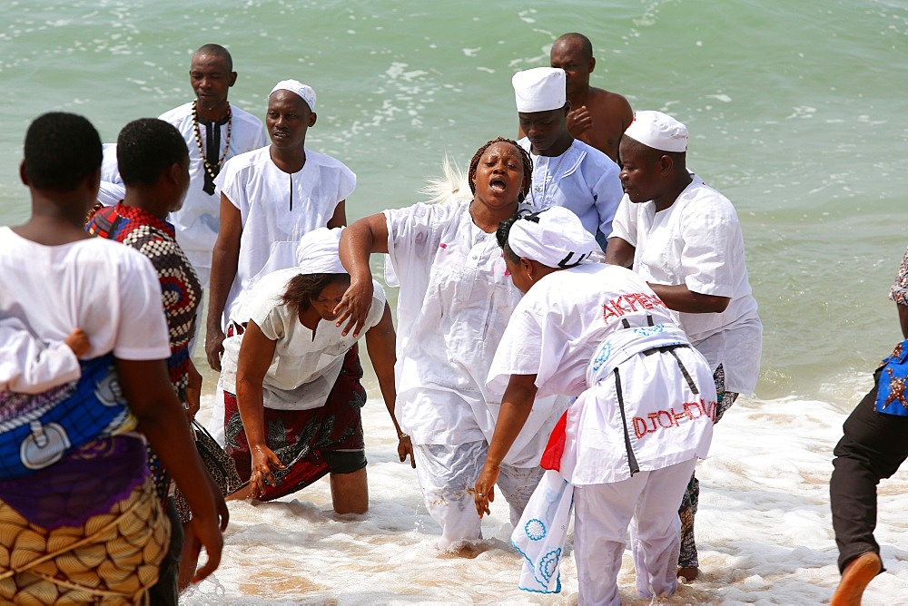 Woman in trance, Voodoo cult on a beach in Cotonou, Benin, West Africa, Africa