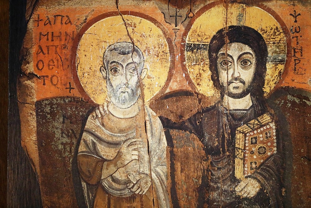 Jesus and Menas in a 6th century icon from Bawit in Middle Egypt, Saint-Pierre-le-Jeune Protestant Church, Strasbourg, France, Europe