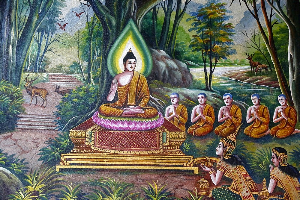 Fresco depicting the Buddha with followers in Wat Chiang Mun, Chiang Mai, Thailand, Southeast Asia, Asia