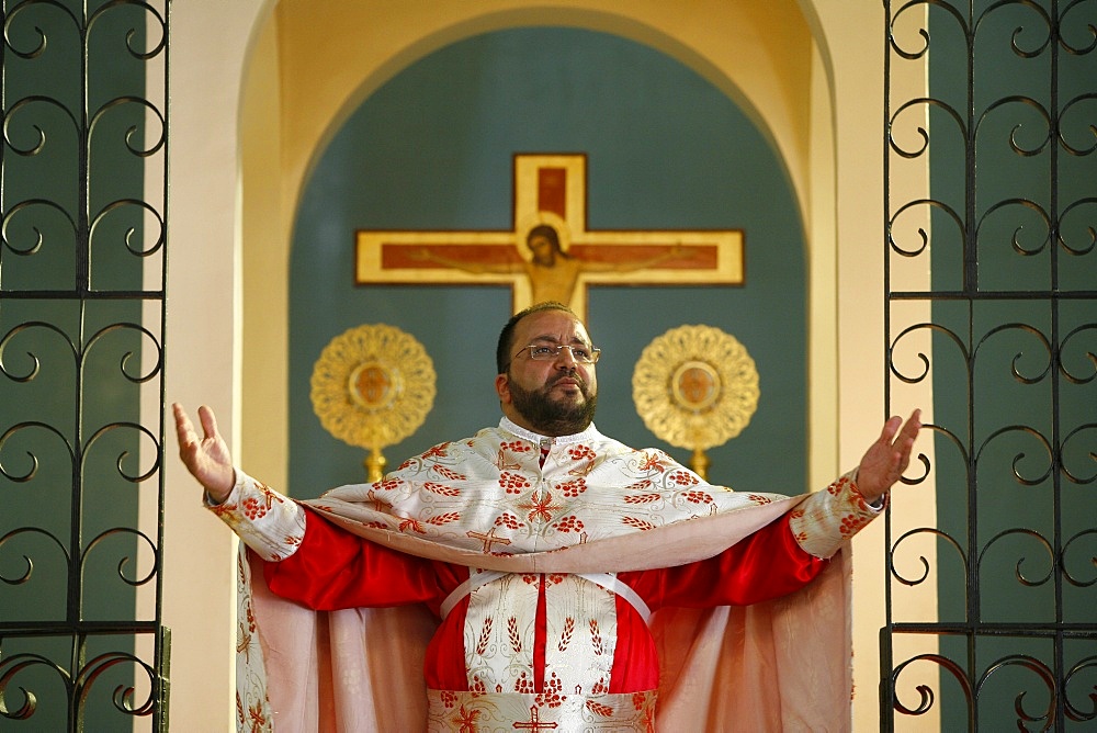 Melkite priest celebrating Mass, Nazareth, Galilee, Israel, Middle East