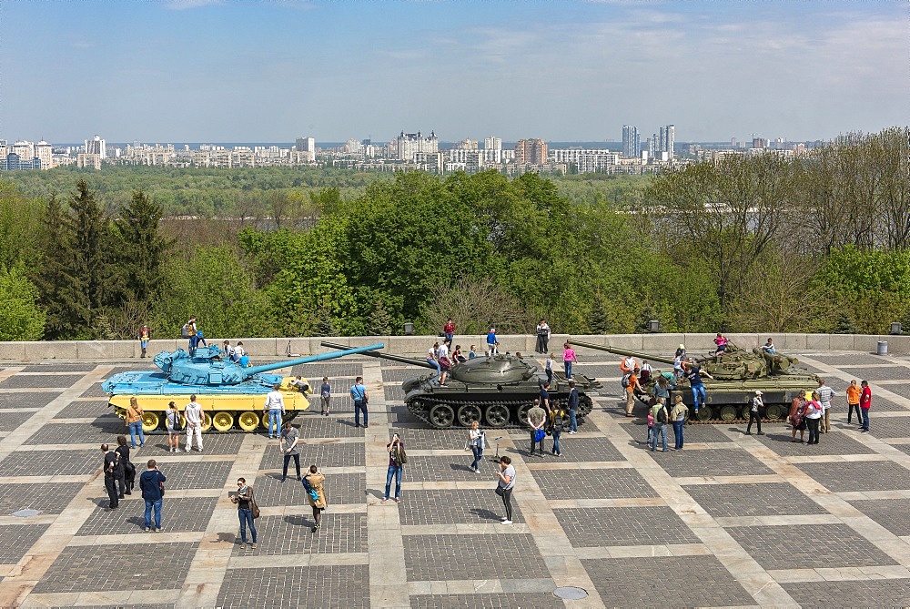 Military vehicles used in the Donbass War exhibited, Rodina Mat, Kiev, Ukraine, Europe