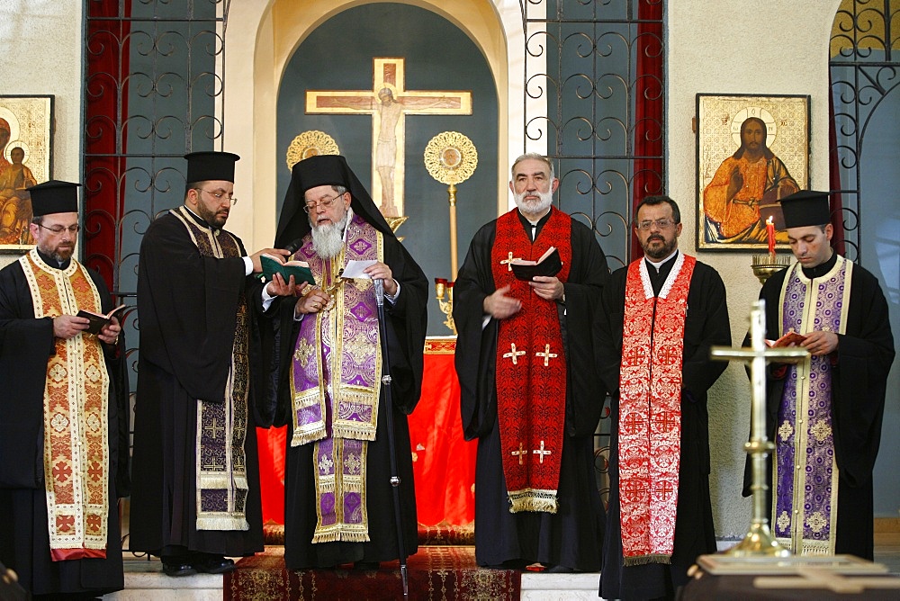 Palestinian funeral in a Nazareth Melkite church, Nazareth, Galilee, Israel, Middle East