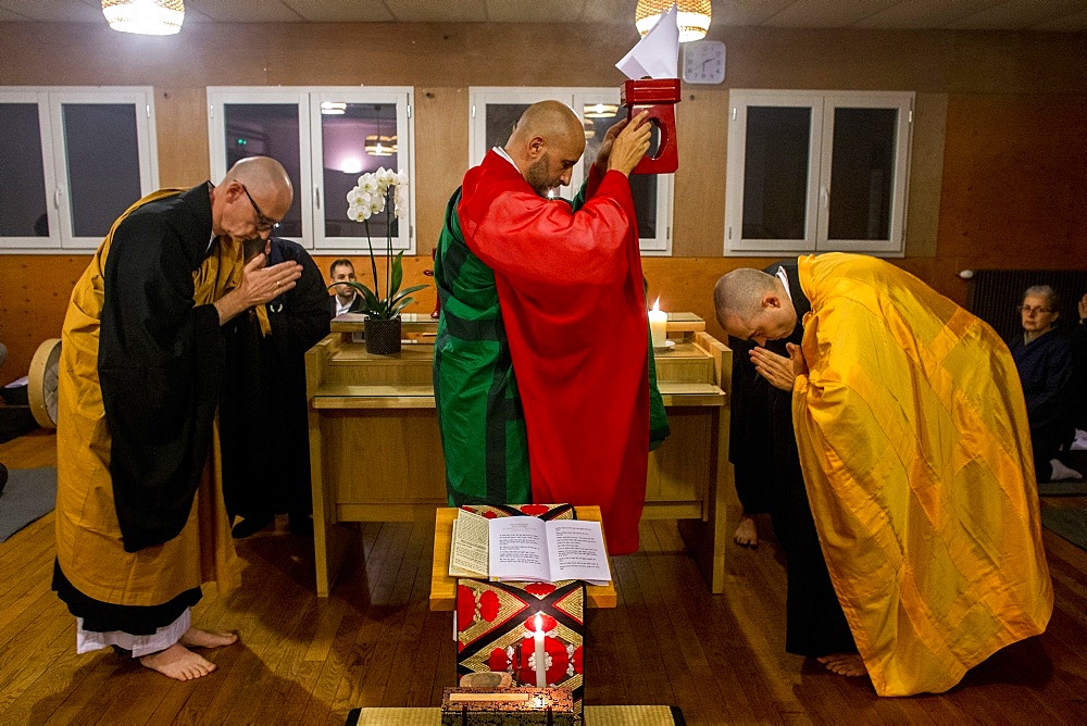 Kito ceremony during a Zen sesshin (retreat) in Lanau, Cantal, France, Europe