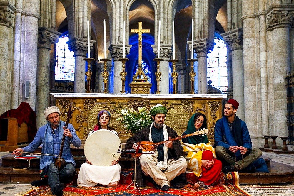 Sufi music band at Sufi Muslim wedding in St. Nicolas's Catholic church, Blois, Loir-et-Cher, France, Europe