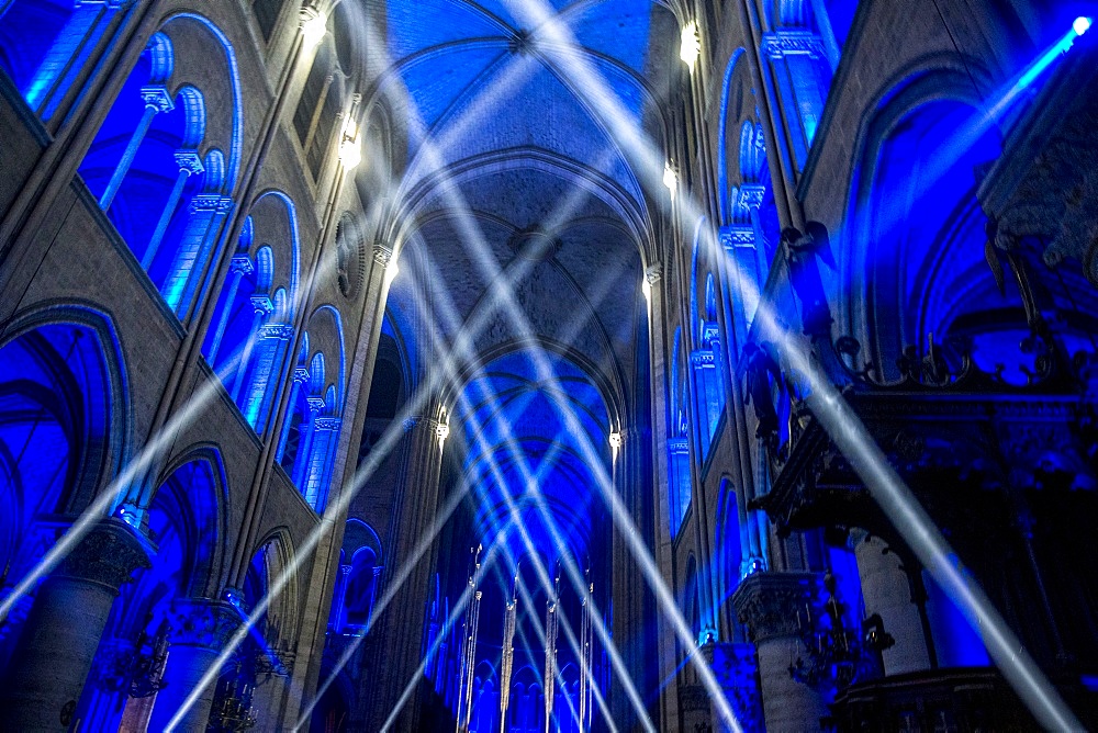 Sound and light show at Notre Dame Cathedral, Paris, France, Europe