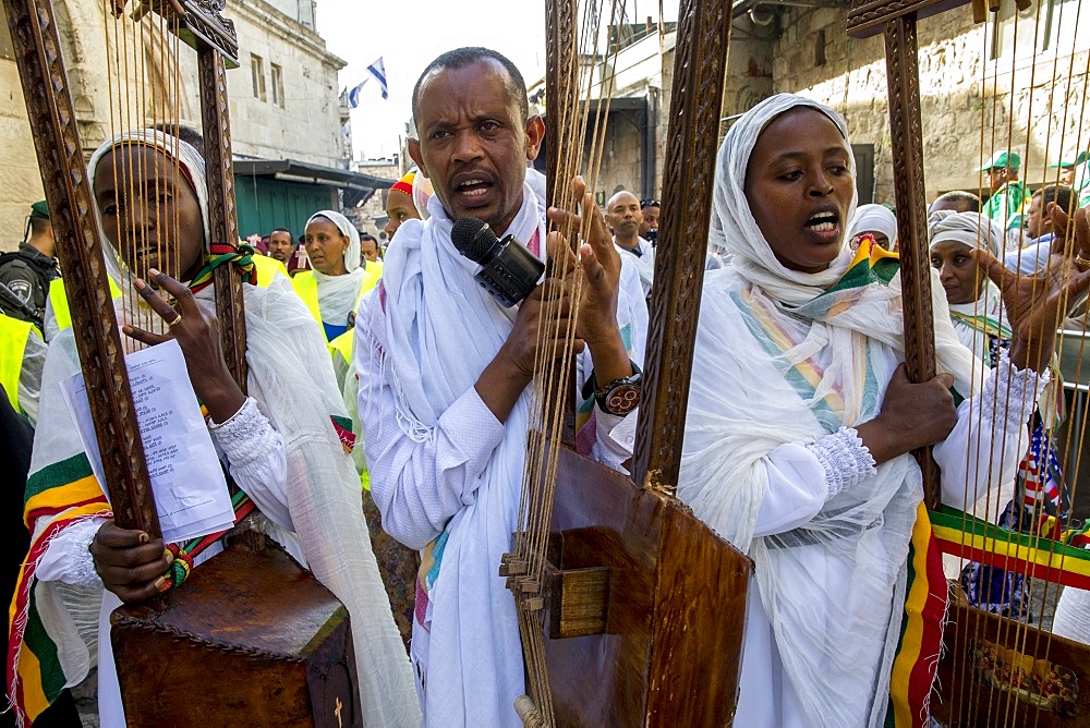 Good Friday Coptic Ethiopian Christian procession on the Via Dolorosa, Jerusalem, Israel, Middle East