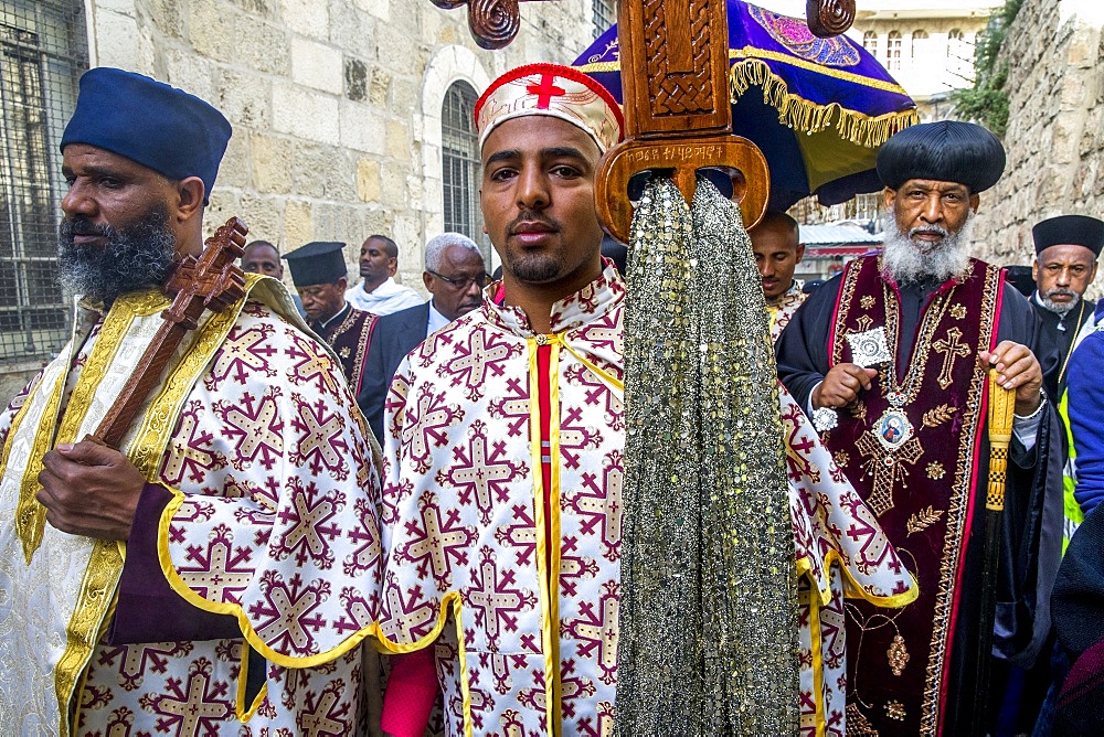 Good Friday Coptic Ethiopian Christian procession on the Via Dolorosa, Jerusalem, Israel, Middle East