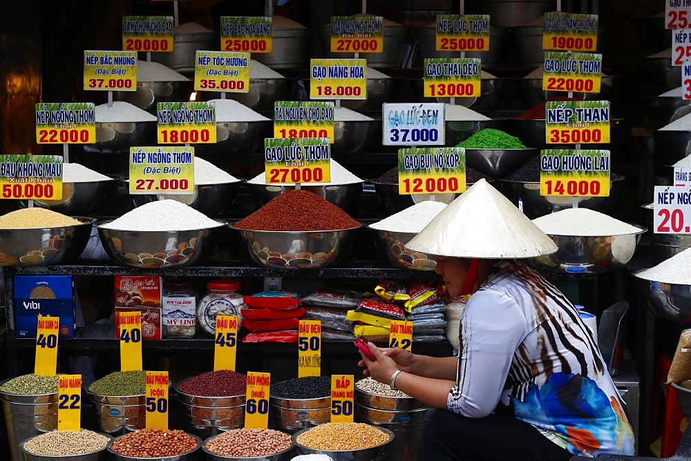 Vietnamese woman at market, dry food stall, Ho Chi Minh City, Vietnam, Indochina, Southeast Asia, Asia