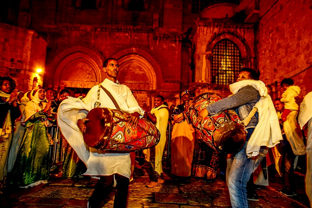 Ethiopian Orthodox Christians celebrating Easter, vigil outside the Church of the Holy Sepulchre, Jerusalem, Israel, Middle East