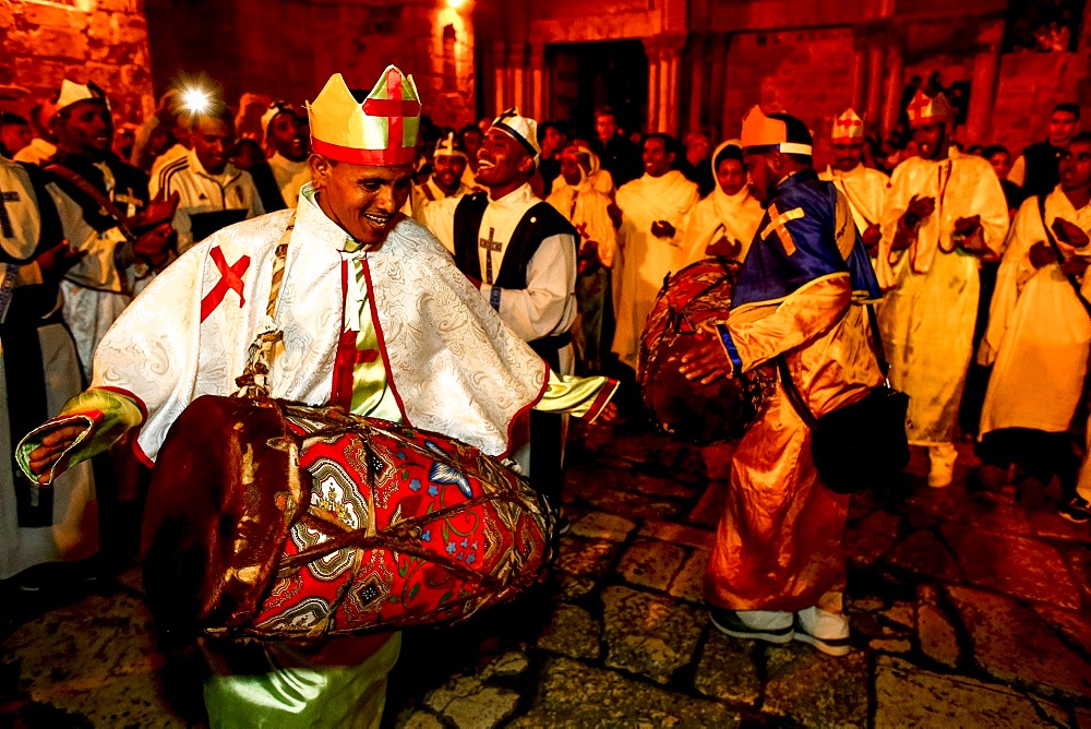 Ethiopian Orthodox Christians celebrating Easter, vigil outside the Church of the Holy Sepulchre, Jerusalem, Israel, Middle East