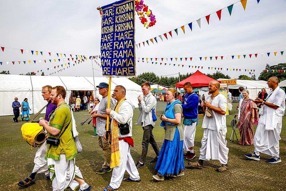 Devotees performing a Harinam during Janmashtami Hindu festival at Bhaktivedanta Manor, Watford, England, United Kingdom, Europe