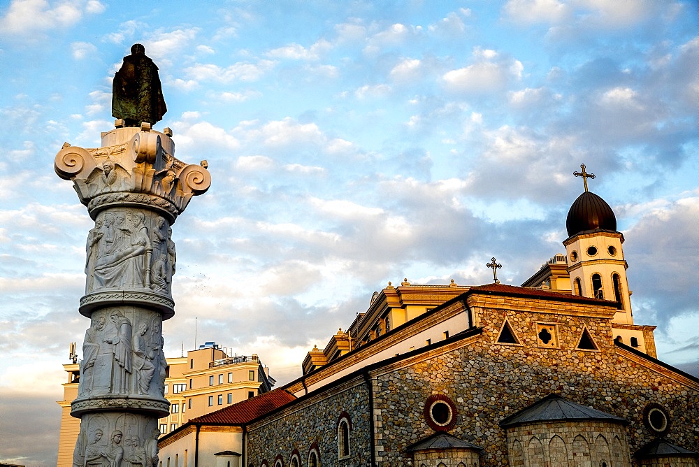 Column and Orthodox church in Skopje, Republic of Macedonia, Europe