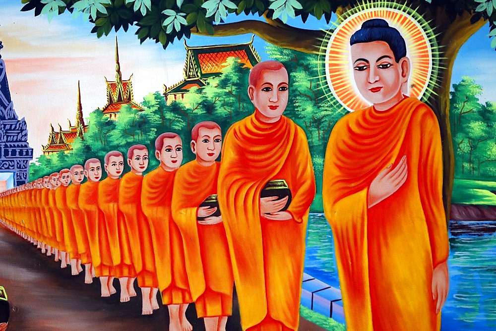 The Life of the Buddha, Siddhartha Gautama, mural showing a visit to Rajagaha City, where the Buddha went for alms, Chau Doc, An Giang, Vietnam, Indochina, Southeast Asia, Asia