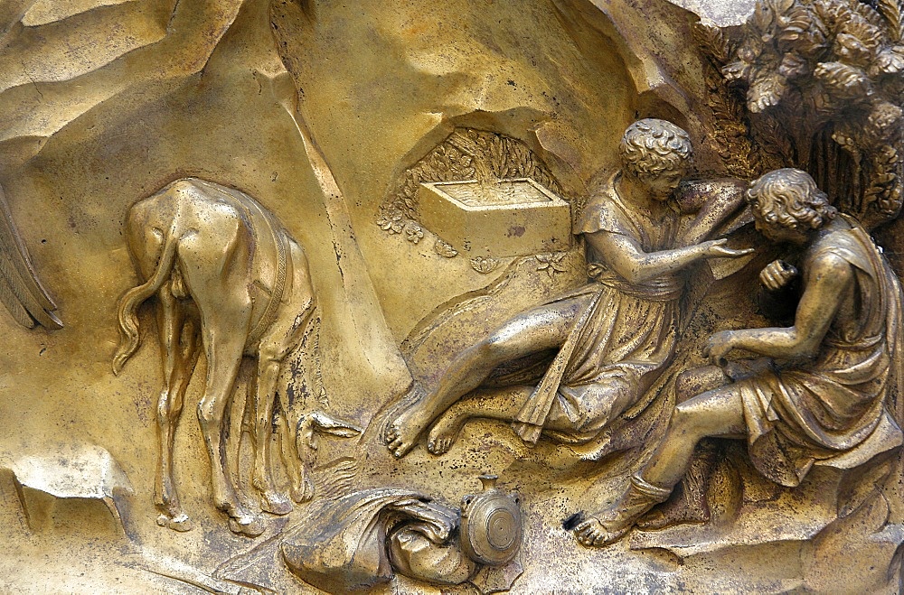 Cain and Abel, Gates of Paradise, detail of bronze door of the Baptistry of San Giovanni, Florence, Tuscany, Italy, Europe