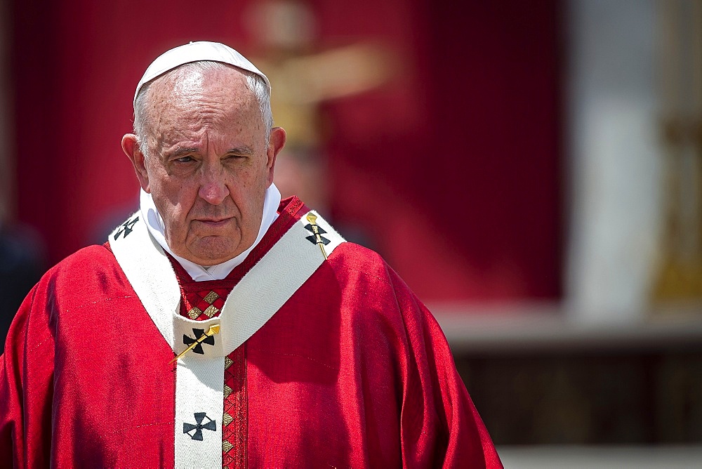 Pope Francis walking at the end of the Pentecost Holy Mass in St. Peter's Square, at the Vatican, Rome, Lazio, Italy, Europe