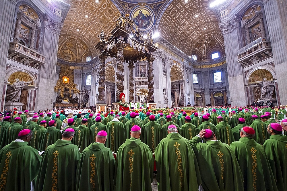 Pope Francis celebrates a closing Mass at the end of the Synod of Bishops in St. Peter's Basilica at the Vatican, Rome, Lazio, Italy, Europe