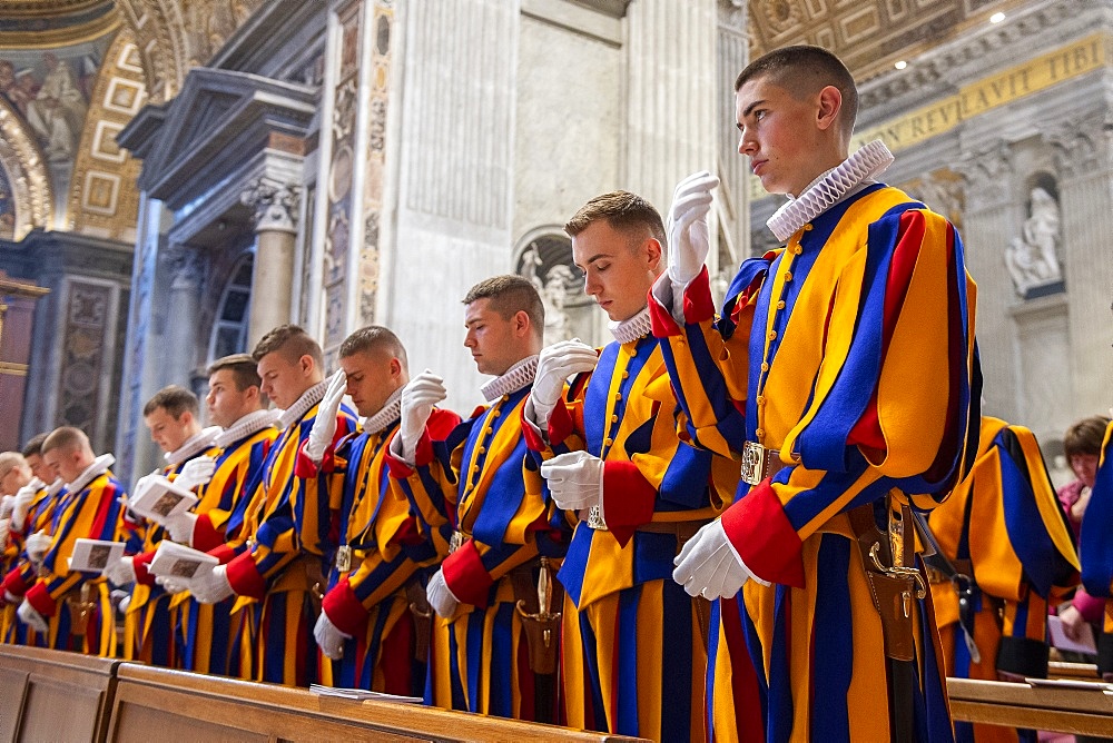 Holy Mass at the altar of the Chair of St. Peter's Basilica for the 23 new guards who will take the solemn oath, Vatican City, Rome, Lazio, Italy, Europe