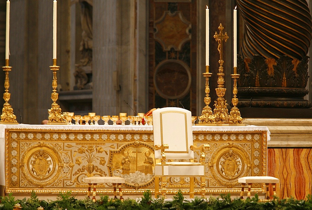 Throne and altar in St. Peter's Basilica, Vatican, Rome, Lazio, Italy, Europe