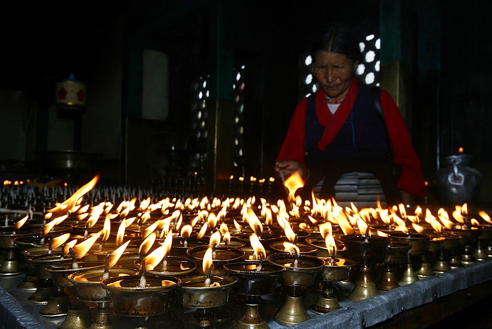 Butter lamps, Swayambhunath temple, Kathmandu, Nepal, Asia