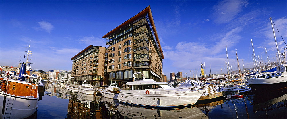 Moored boats in the marina at the Strand, Aker Brygge, Oslo, Norway, Scandinavia, Europe