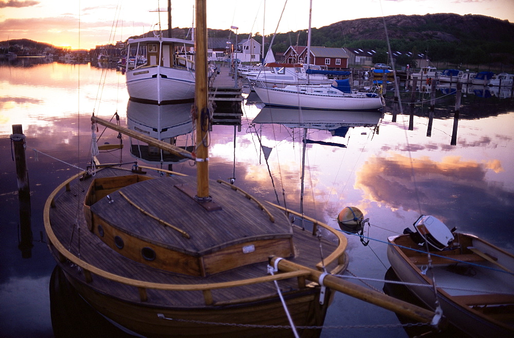 Sundown over South Harbour, Hamburgsund, Bohuslan, Sweden, Scandinavia, Europe