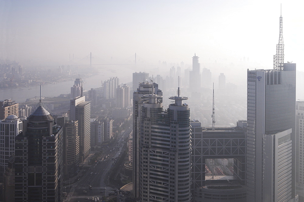 View of China Life building looking towards Nanpu bridge, Shanghai, China, Asia