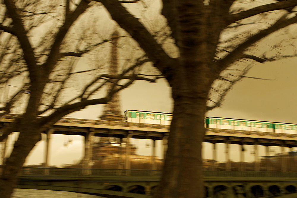 Eiffel Tower and Metro train on Pont de Bir-Hakeim, Paris, France, Europe