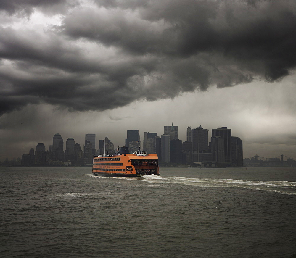 Staten Island ferry sailing towards Manhattan, New York, United States of America, North America