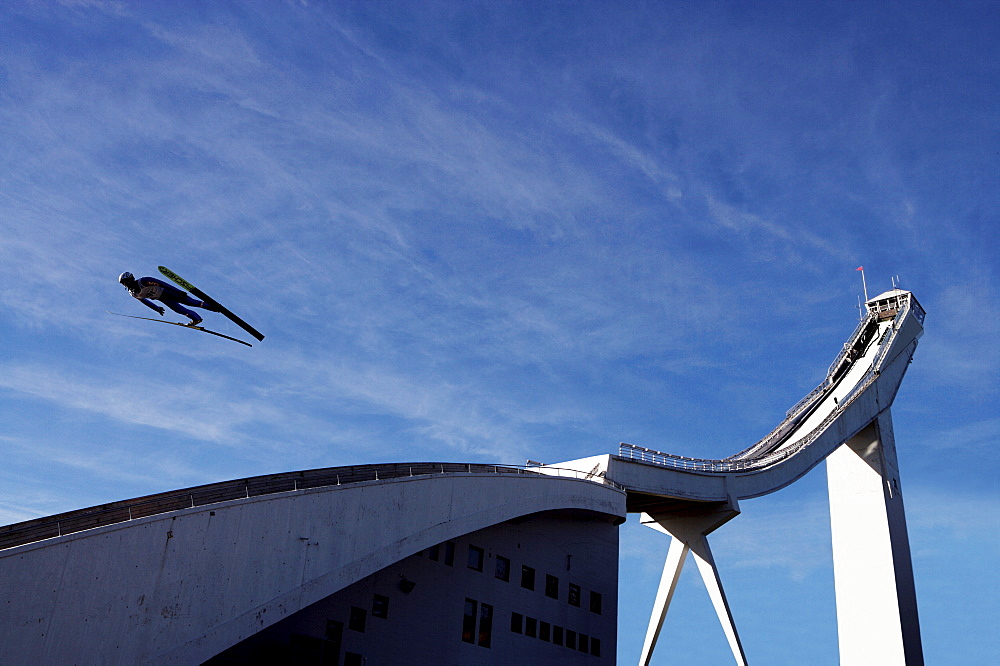 Ski jumper, blue sky and ski jump, Oslo, Norway, Scandinavia, Europe