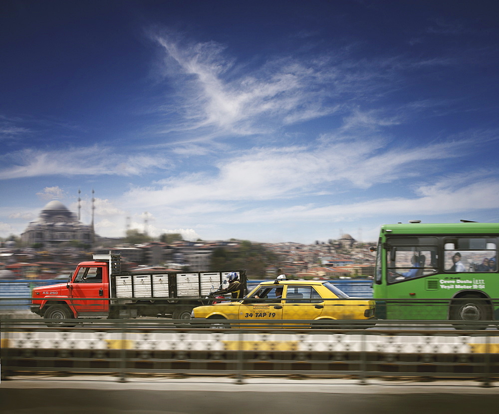 Vehicles crossing Galata Bridge, Istanbul, Turkey, Europe