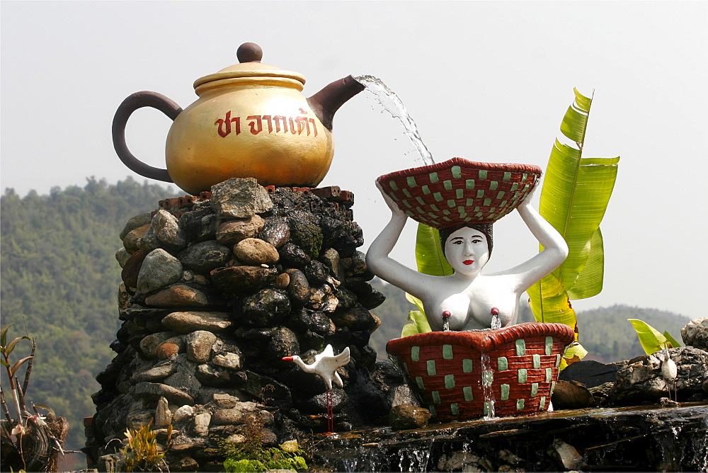 A symbolic fountain in a tea plantation, area of Chiang Mai, Thailand, Southeast Asia, Asia