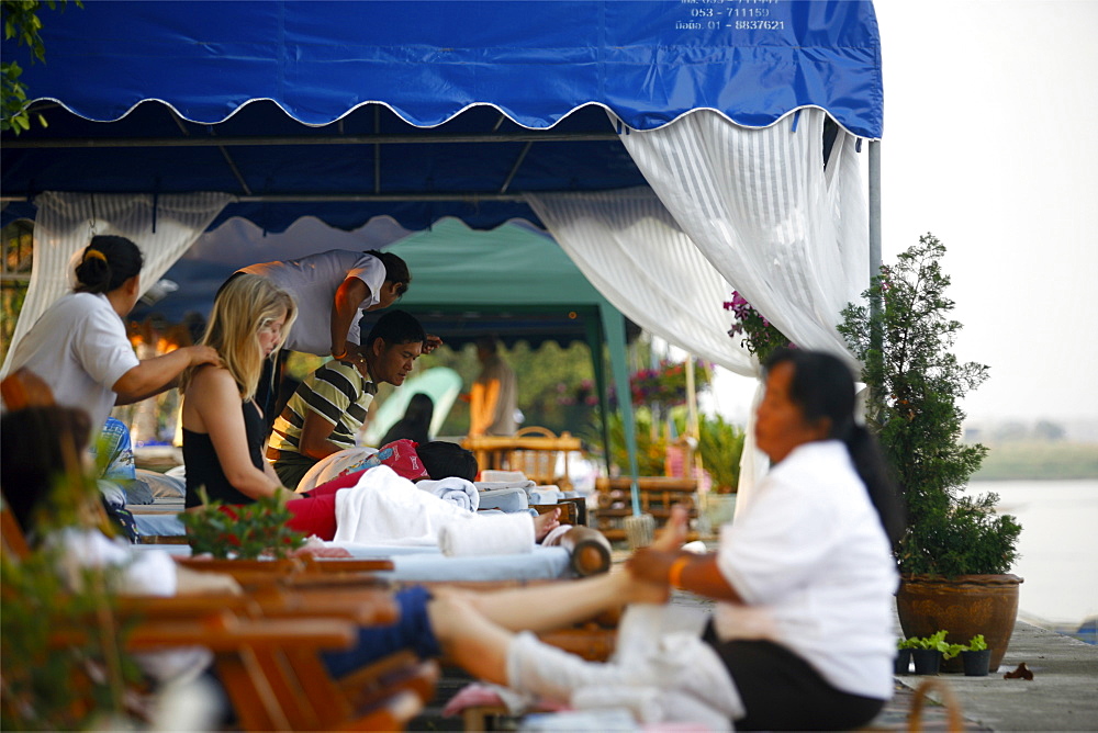 Thai massage center on the edge of the Mekong River, around Chiang Saen, Thailand, Southeast Asia, Asia